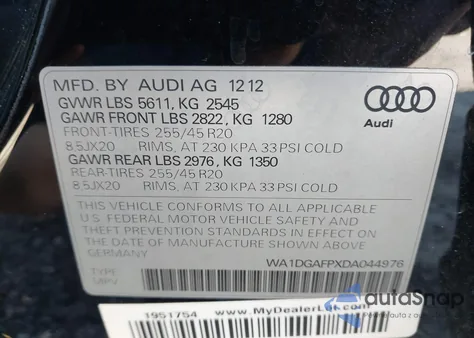 2013 Audi Q5 3.0T Premium Plus z USA, uszkodzony, nr VIN WA1DGAFPXDA044976